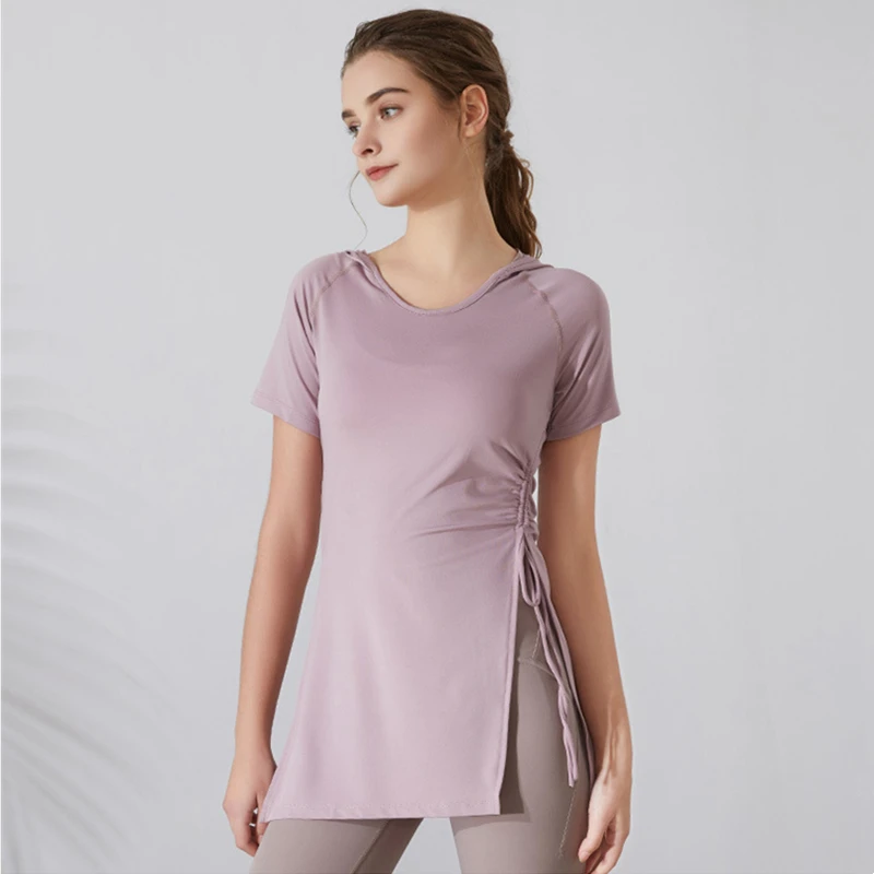 Summer Women Sport Hoodies Yoga Shirts Short Sleeves T-Shirt Bandage Running Hooded Top Quick Dry Gym Fitness Tops Blouse Female