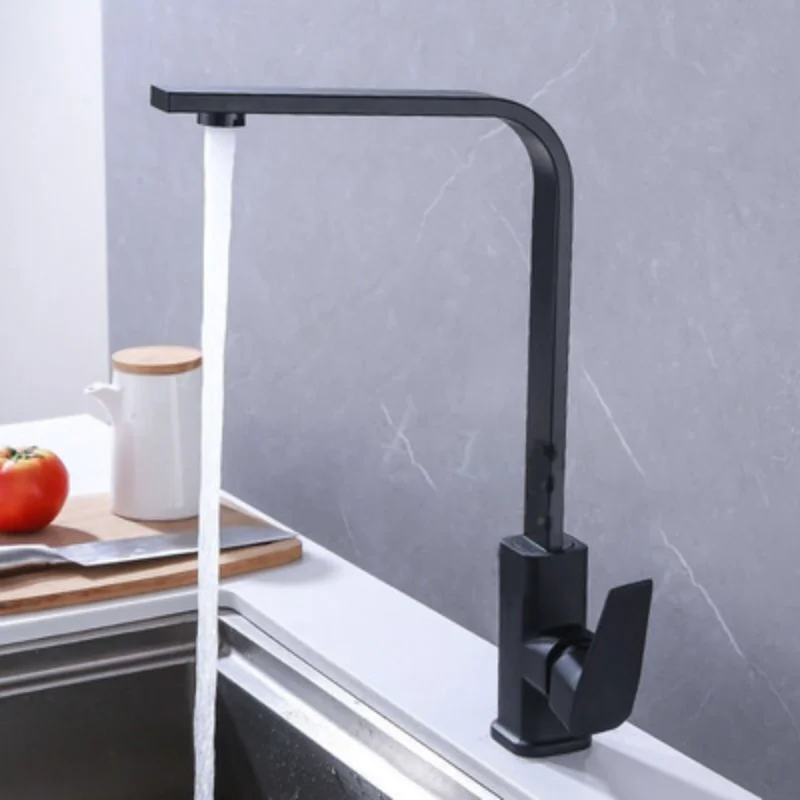 

Black Square Brass Kitchen Faucet Rotatable Seven-shaped Faucet Rotating Single Hole Vegetable Basin Hot and Cold Faucet