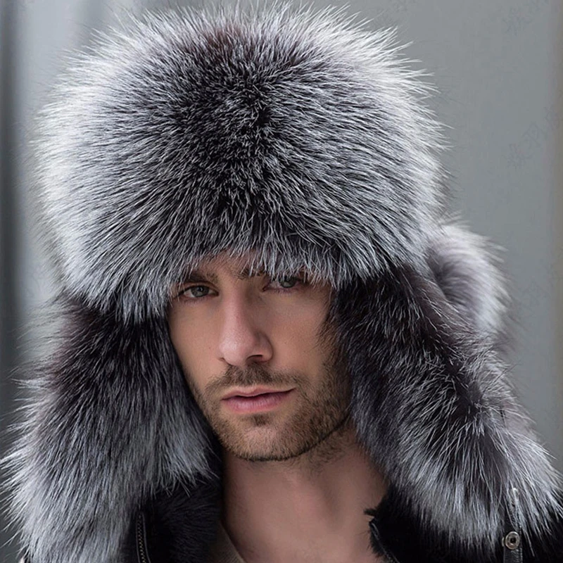 Russian leather bomber leather hat men winter hats with earmuffs trapper earflap cap man real raccoon fur black fox hatska