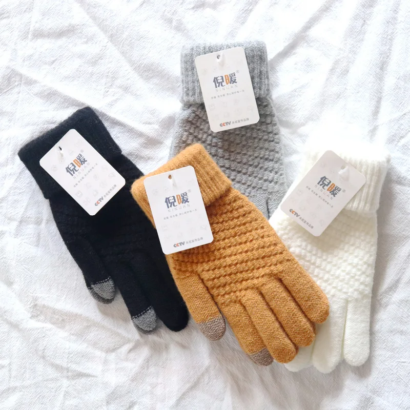 

1 Pair Gloves Women's Winter Fleece Thickened Double Screw Warm Gloves Lovely Riding Touch Screen Gloves Wool Knit Warm Gloves