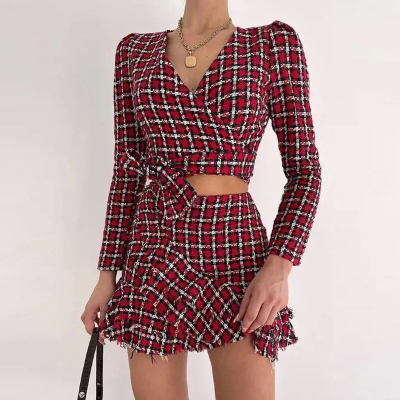 

Mandylandy Women Elegant Autumn Plaid Outfits Tracksuit Y2K Long Sleeve V Neck Crop Top High Waist Ruffle Skirt Two Piece Set