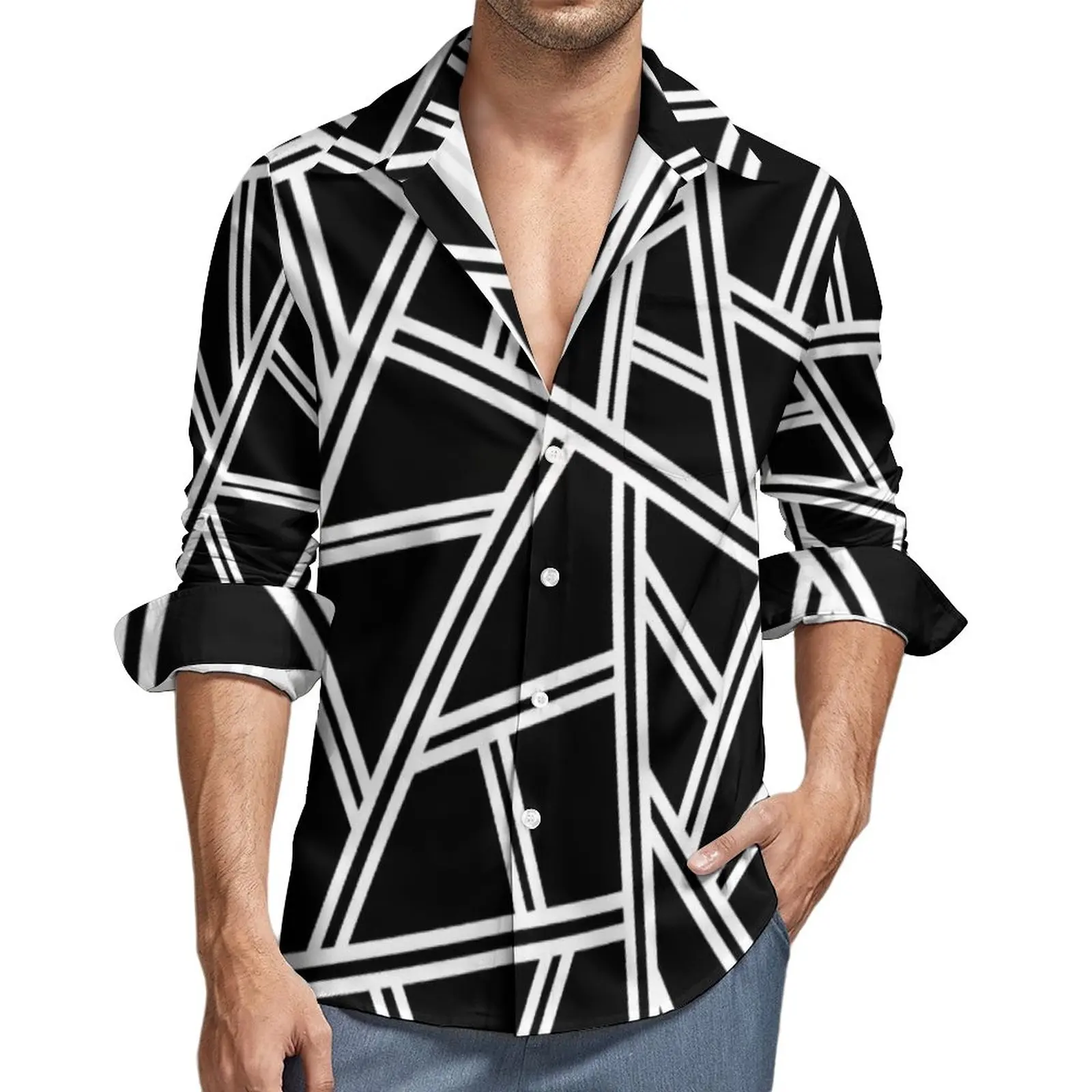 

Рубашка мужская Осенняя с абстрактным дизайном, Повседневная Блузка с черными полосками, трендовая одежда с длинным рукавом, одежда для ули...