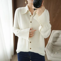 spring and autumn pure wool knitted ladies shirt collar solid color high end elegant fashion tops all match cardigan sweaters