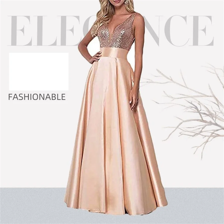 

Вечерние платья с блестками, розовое золото, выпускные платья с v-образным вырезом и открытой спиной, официальное платье для ужина и вечерин...