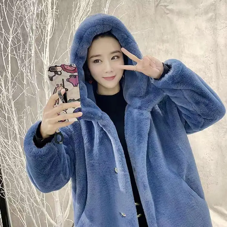 Fake fur coat women's 2022 new winter mink hair medium length women's thin rabbit hair over the knee fur fur coat