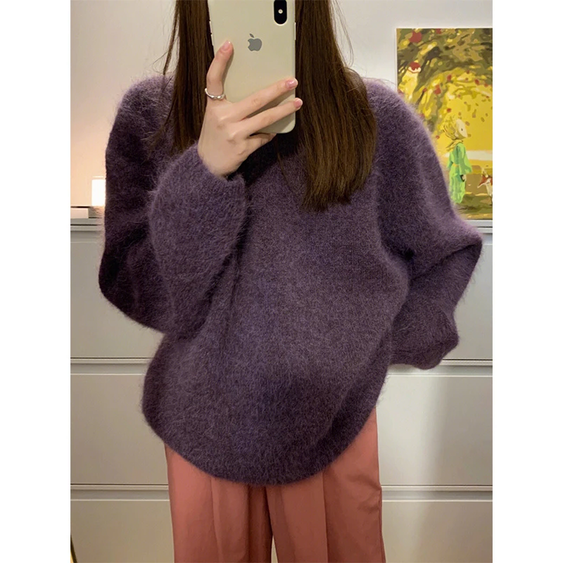 Фиолетовый мягкий пушистый пуловер женский утолщенный осенне-зимний