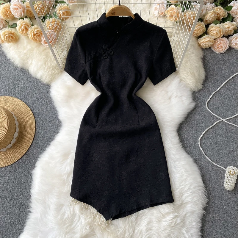 

Чонсам в китайском стиле с черными кисточками, женская летняя одежда с оборками, платья, винтажные платья на пуговицах, облегающее платье, П...