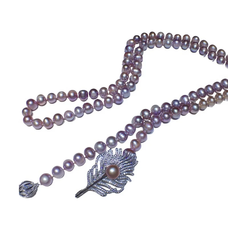 

2022 Top Quality Luster Natural Fresh Water Pearl 8-9mm CZ Feather Long Necklaces Lady Fine Jewelry