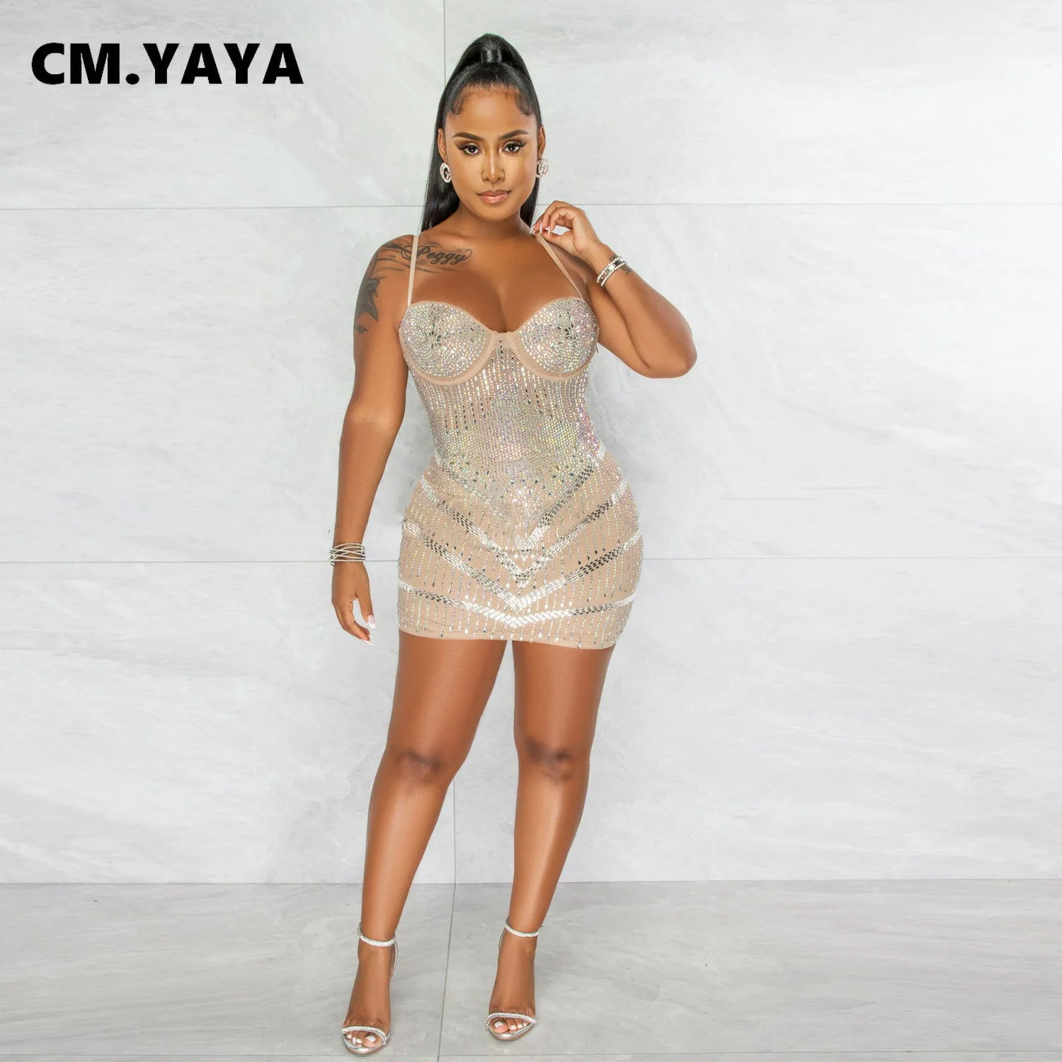 

Aya женское, на тонких бретелях, со стразами, мини-платья, облегающее