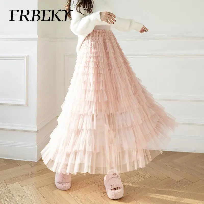 

Autumn Fluffy Half Skirt Mesh Cake Dress Casual Commuter Solid Color Long Dress Skirts for Women Pleated Skirt Korean Fashion