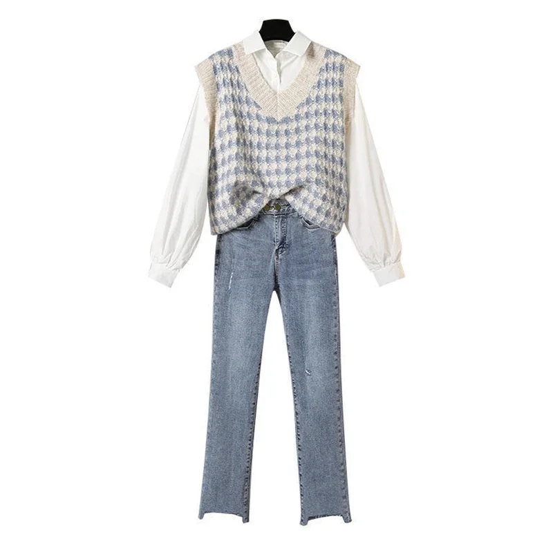 Женский костюм из трех предметов Повседневная рубашка + свитер прямые джинсы в