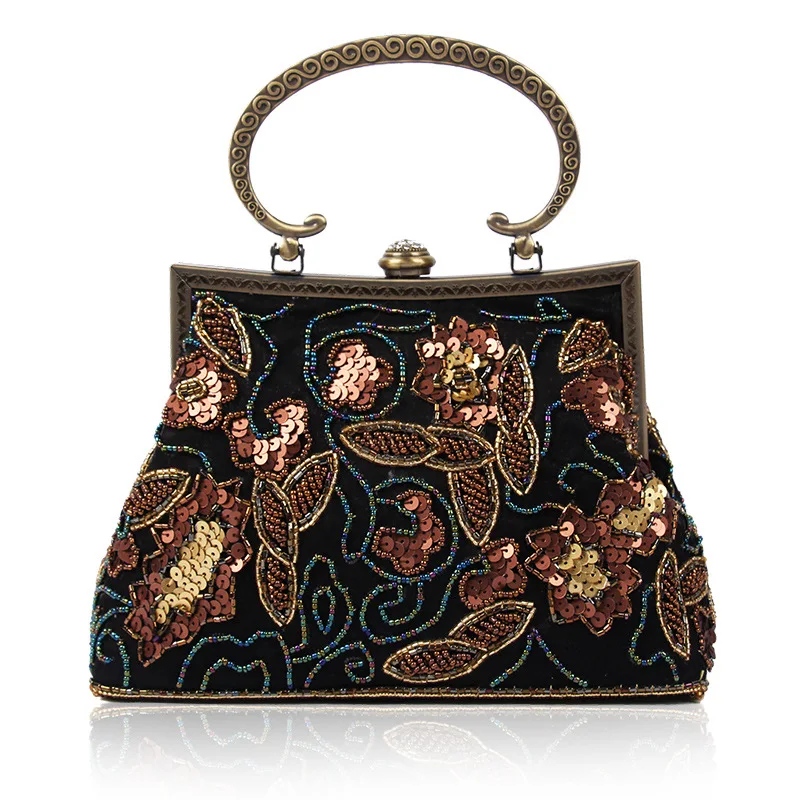 Retro Ethnic Style Women Clutch Evening Bag Fashion Floral Beaded Sequin Lady Clutches Metal Chain Party Shoulder Messenger Bags