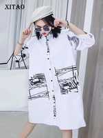 xitao print pattern blouse single breast casual style 2021 spring autumn minority elegant loose pocket shirt top dzl2671