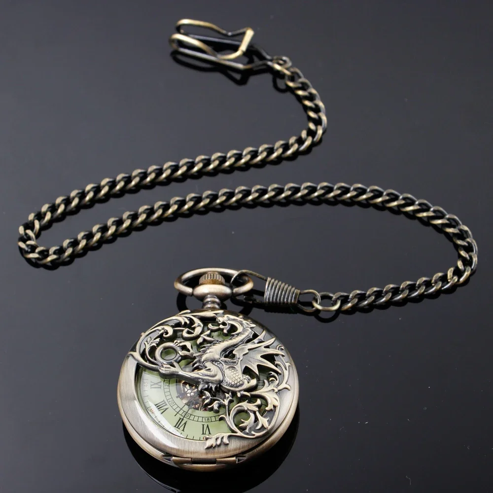 Винтажные Механические карманные часы для мужчин ручная работа скелет дракон