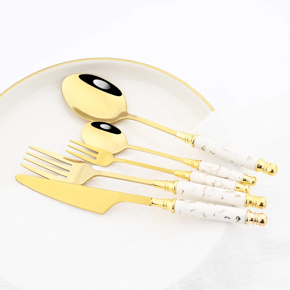 

16/24Pcs Imitation Ceramics White Gold Dinnerware Set Stainless Steel Tableware Knife Fork Teaspoon Cutlery Set Kitchen Flatware