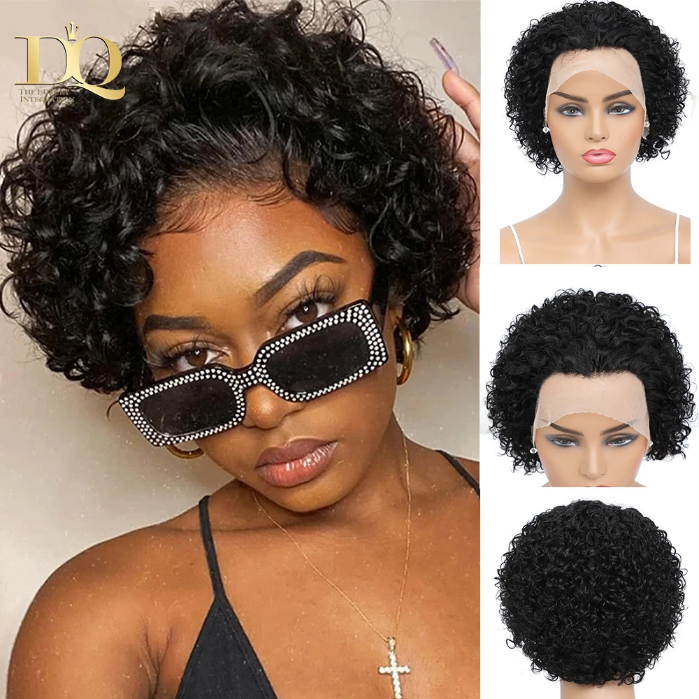 Short Curly Lace Wigs Pixie Cut Lace in Front  Wig For Black Burgundy Color Women Brazilian Remy Real Hair 150% Density Glueless