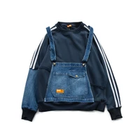 gl style heavy industry washing hoodies denim multi material splicing strap design pullover loose blue top coat mens fashion