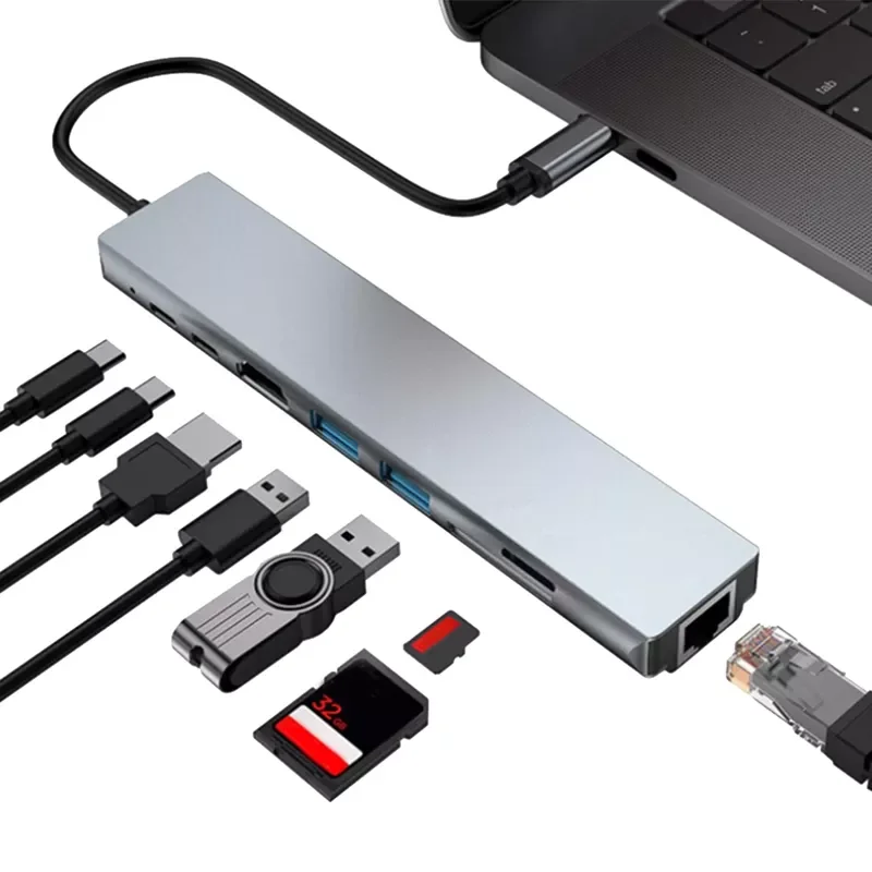 USB Type-C Hub To 4K HDMI-Compatible RJ45 USB SD/TD Card Reader PD Fast Charge 8-In-1 Multifunction Adapter