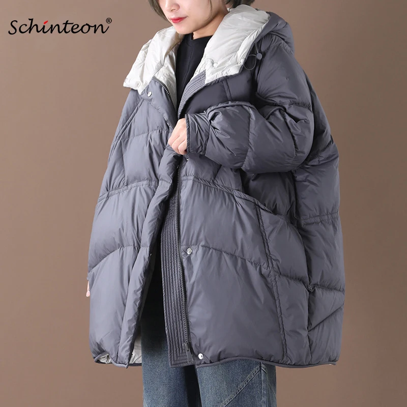 

2021 Schinteon Women Over Size Down Jacket Winter Warm Snow Loose Outwear Korean Style Coat with Hood Vinatge