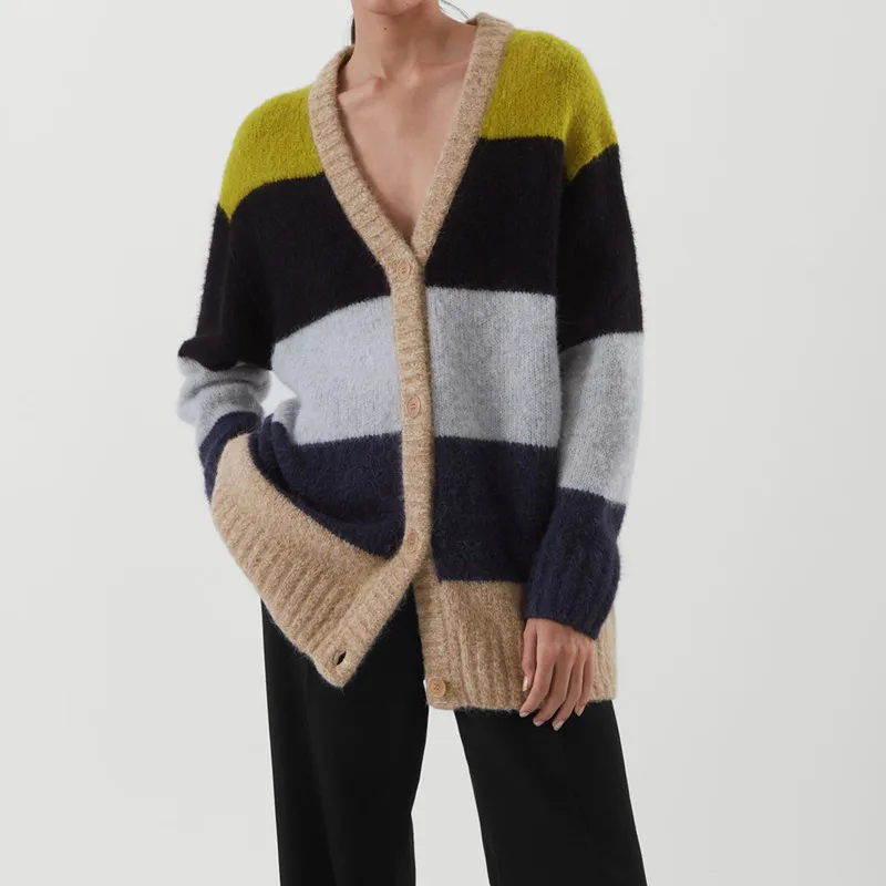 

Women Stripe Knitwear Cardigan Spring Autumn Wool Blend Long Sleeve Single Breasted Warm Fashion Female V-Neck Sweater