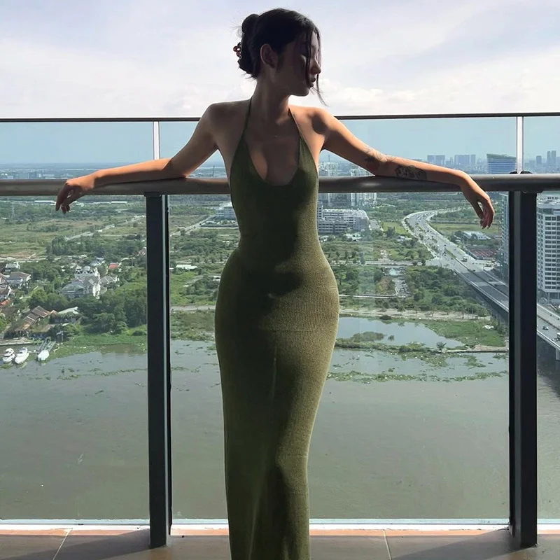 

Crystal Backless Solid Women's Dress U-neck Sexy Maxi Dress For Women Clothes Beach Lace Up Sleeveless Party Club Female Vestido