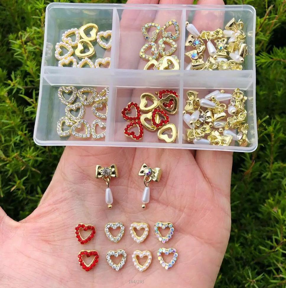 

60pcs/ Box Love and Rhinestone Metal Alloy Nail Art Decoration Charm Embellishment 6*10 3D Nail Art *Silver Heart Mix*Rhinestone