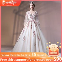 puffy sheer sleeve embroidery evening dresses 2022 long dress romantic prom gowns party women wear qunincenera dresses v neck