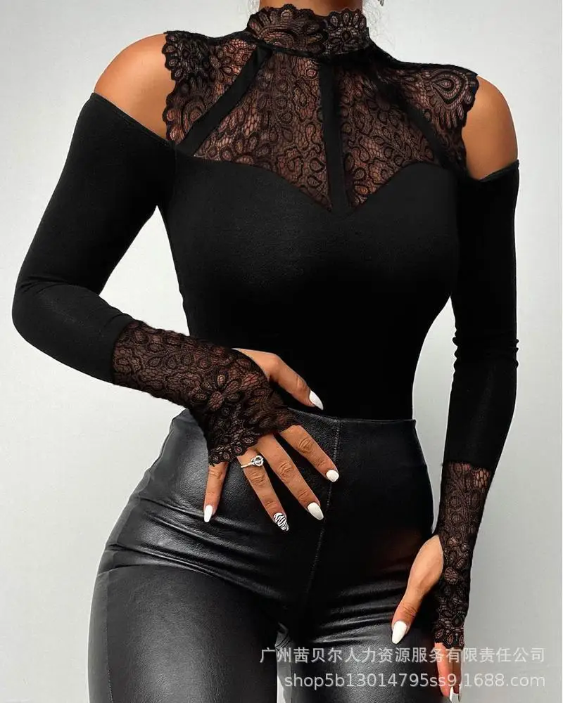 

2023 Womens Lace Stitching Tight Jumpsuit Solid Color Long Sleeve Romper Women Overalls