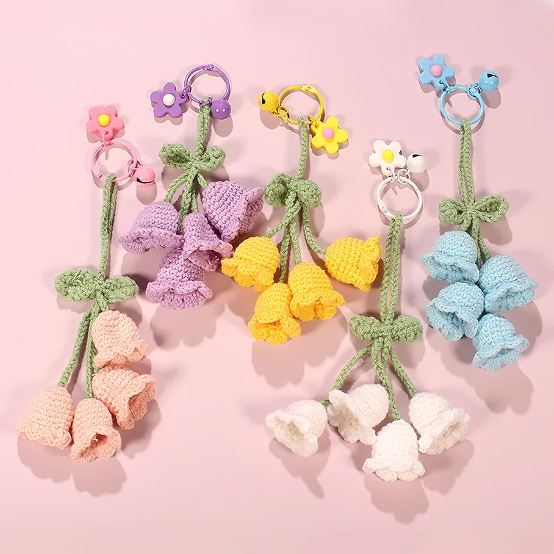 Cute Bouquet Car Keychain Wholesale Women Knitted Purple Flower Pendant Keychains For Keys Accessories Tulips Flower Bag Keyring images - 6