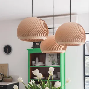 Nordic Round Ball Wooden Pendant Light Simple Quiet Wind Creative Lamp for Living Room Bedroom Dining Room Table Led Chandeliers