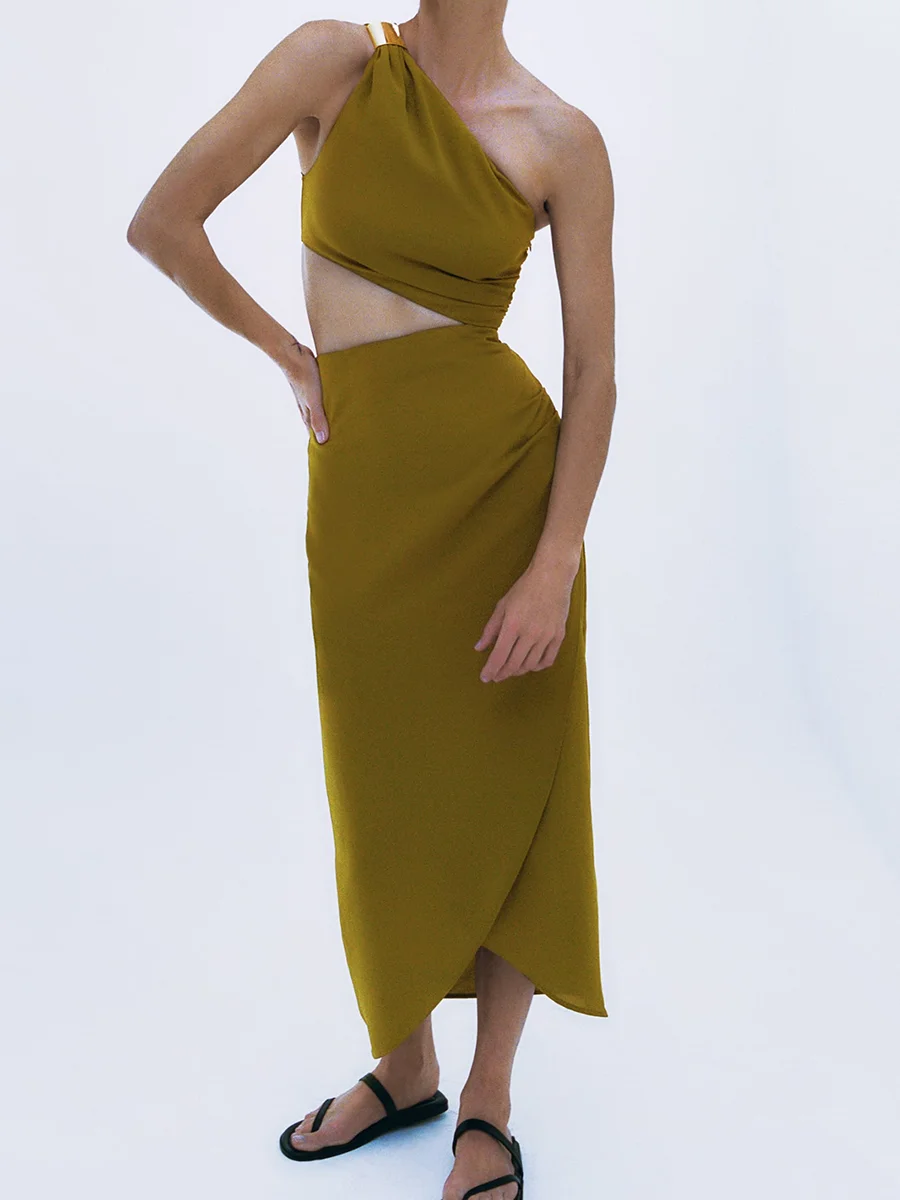 

Асимметричное однотонное женское платье миди с вырезами, платье на одно плечо без рукавов с высокой талией, женское модное платье для отпуска, женские платья 2023