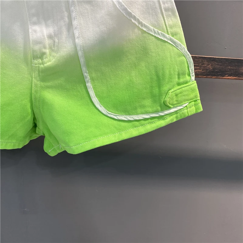 Denim Shorts Women's Ins 2023 Summer New Korean Style Personalized Gradient Color High Waist Loose Slimming Wide Leg Booty Pants