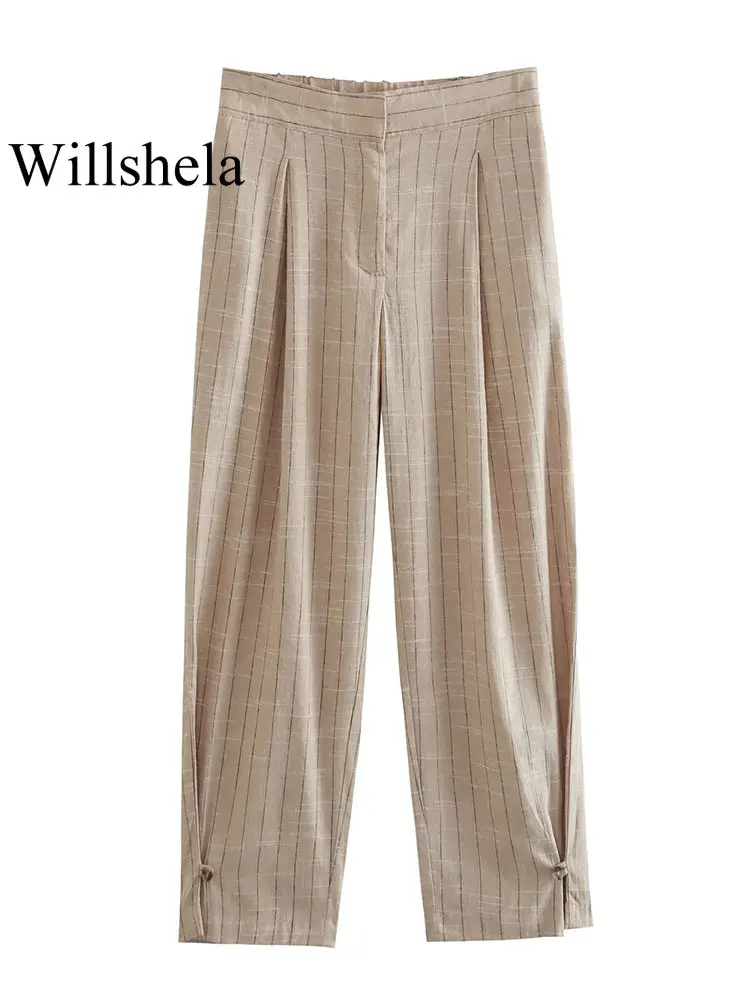 

Willshela Women Fashion Khaki Striped Pleated Front Zipper Straight Pants Vintage Mid Waist Full Length Female Chic Lady Trouser