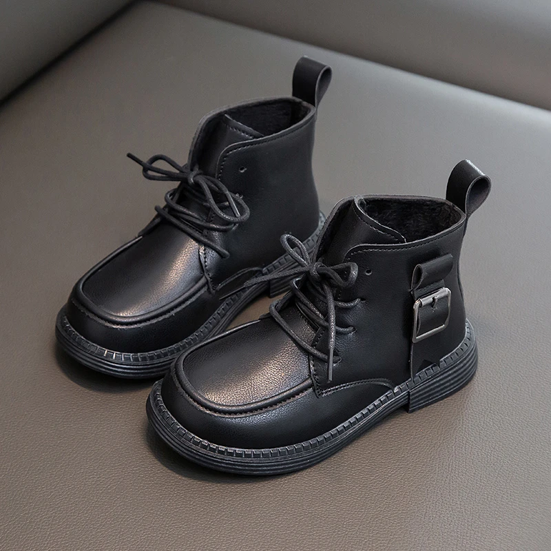 

Children Black Boots Fleece Buckle Lace-up Fshion Winter Kids Short Boot Soft Pu Leather Unisex 22-31 Toddler Boys Girls Shoes