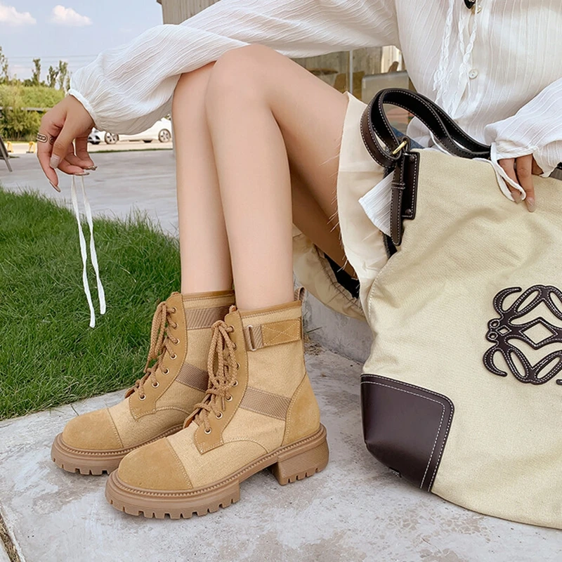 

NEW Fall Shoes Cow Suede Boots Round Toe Chunky Shoes Women Winter Platform Boots Women Lace Short Boots Yellow Motorcycle Boots