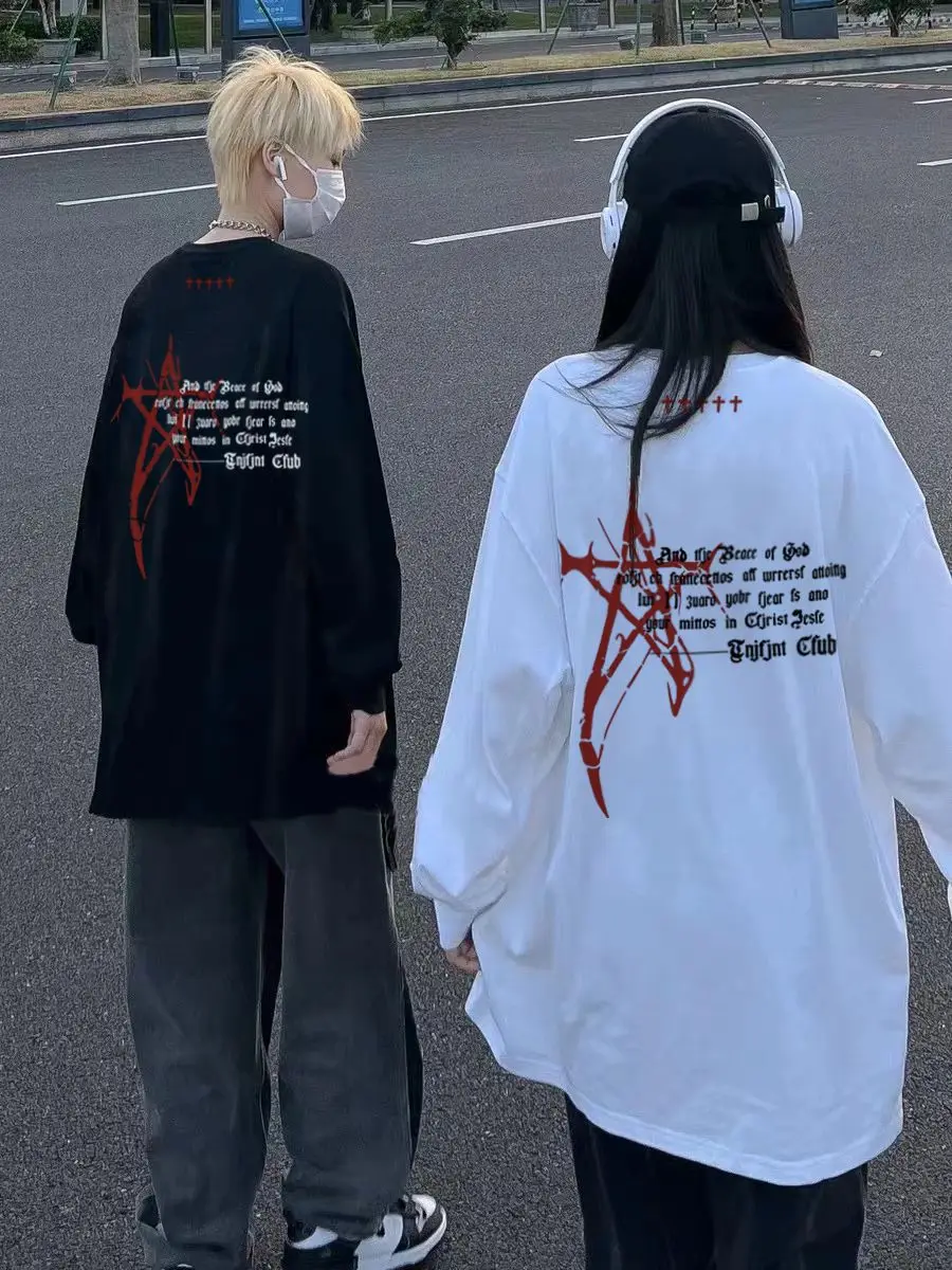 

Korean Style Cotton Long Sleeve Couple T-shirt Black Autumn Oversized Loose Fashion Harajuku High Street Vintage Unisex Clothing