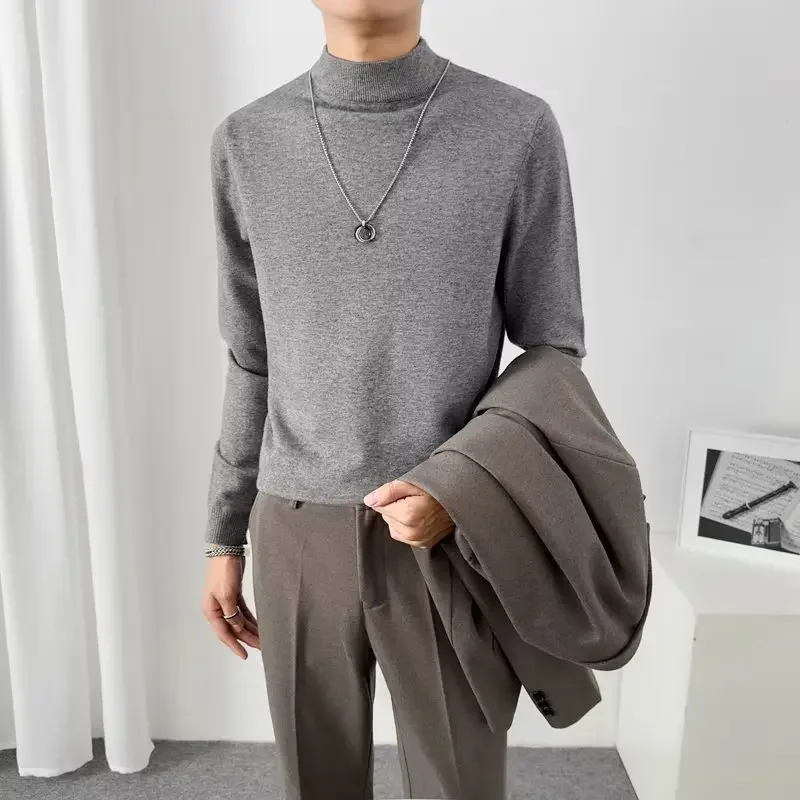 Men's Trendy Pullover Solid Color Sweater Knitted Top Casual Crew Neck Base Layer Inner For Autumn Winter