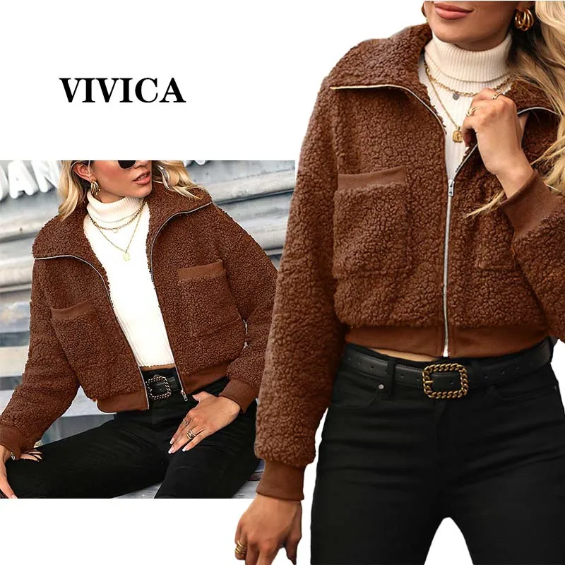 

European and American Short Jacket 2022 Autumn and Winter New Lamb Fur Plush Zipper Jacket Solid Color Warm Top