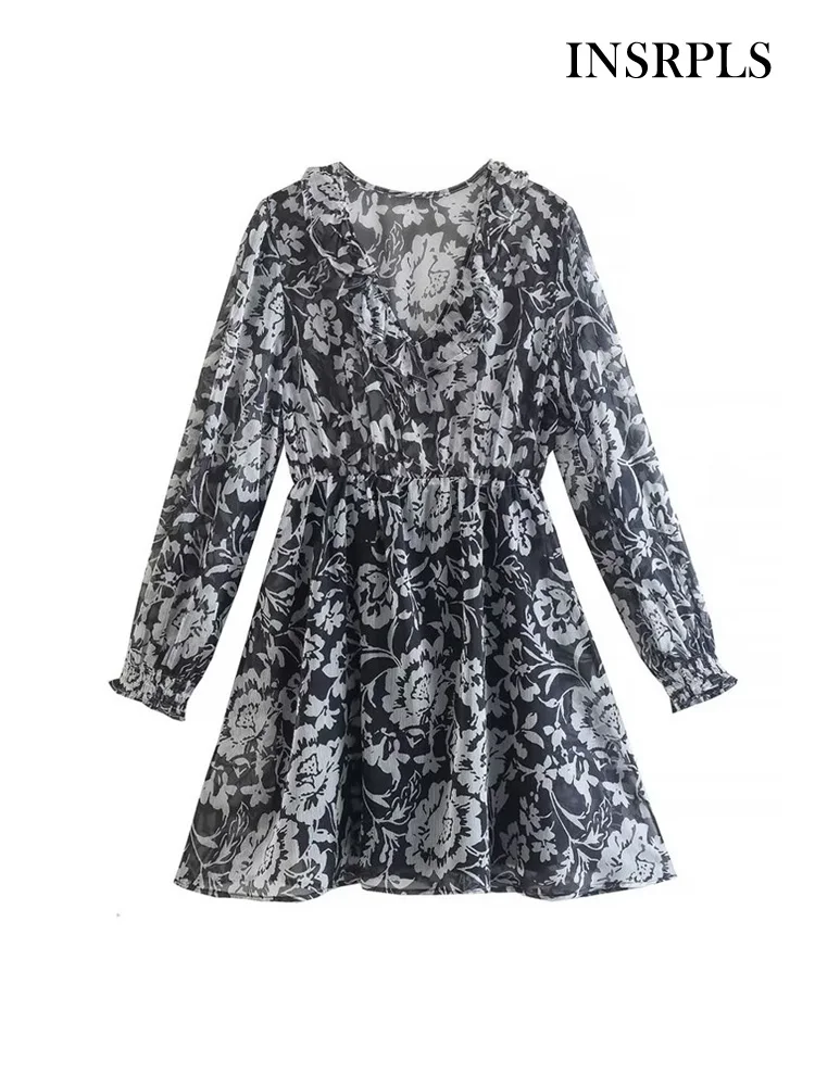 

INSRPLS Women Fashion With Ruffled Printed Semi-sheer Mini Dress Vintage Long Sleeve Elastic Waist Female Dresses Vestidos