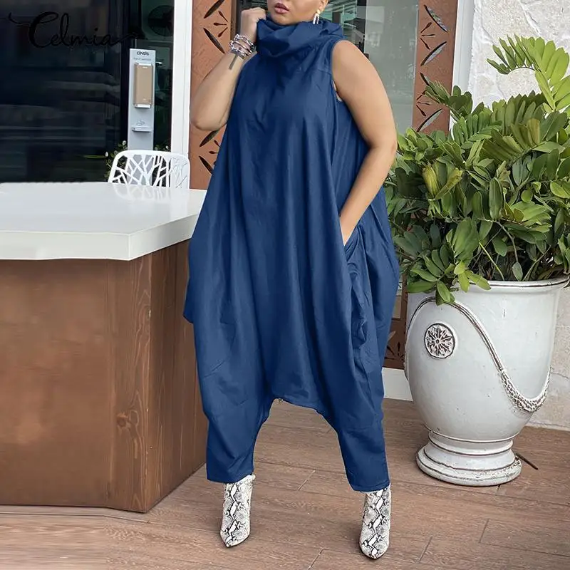 

Celmia Stacking High Collar 2022 Fashion Jumpsuits Baggy Dropped Crotch Harem Pant Overalls Casual Women Sleeveless Long Rompers