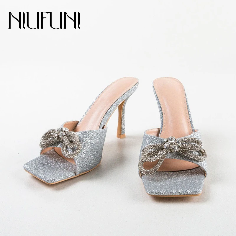 

NIUFUNI Summer Square Toe Rhinestone Bow Sequin Women's Slippers Fashion Sexy Crystal Cup Heels Slides Stiletto Slip On Open Toe