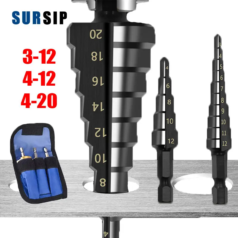 Купи 3pcs/set Step Drill Bit Set HSS Black Straight Groove Drilling Bit Titanium Coated Wood Metal Hole Cutter 3-12/4-12/4-20/4-32mm за 144 рублей в магазине AliExpress