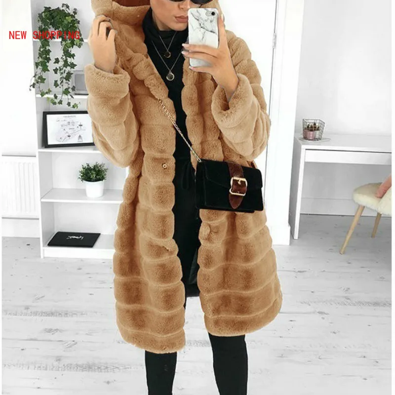 2022 Winter Lady Casual Solid Teddy Coat Women Long Sleeve Fleece Long Jacket Hooded Lamb Fur Coat Women Warm Outerwear Fourrure
