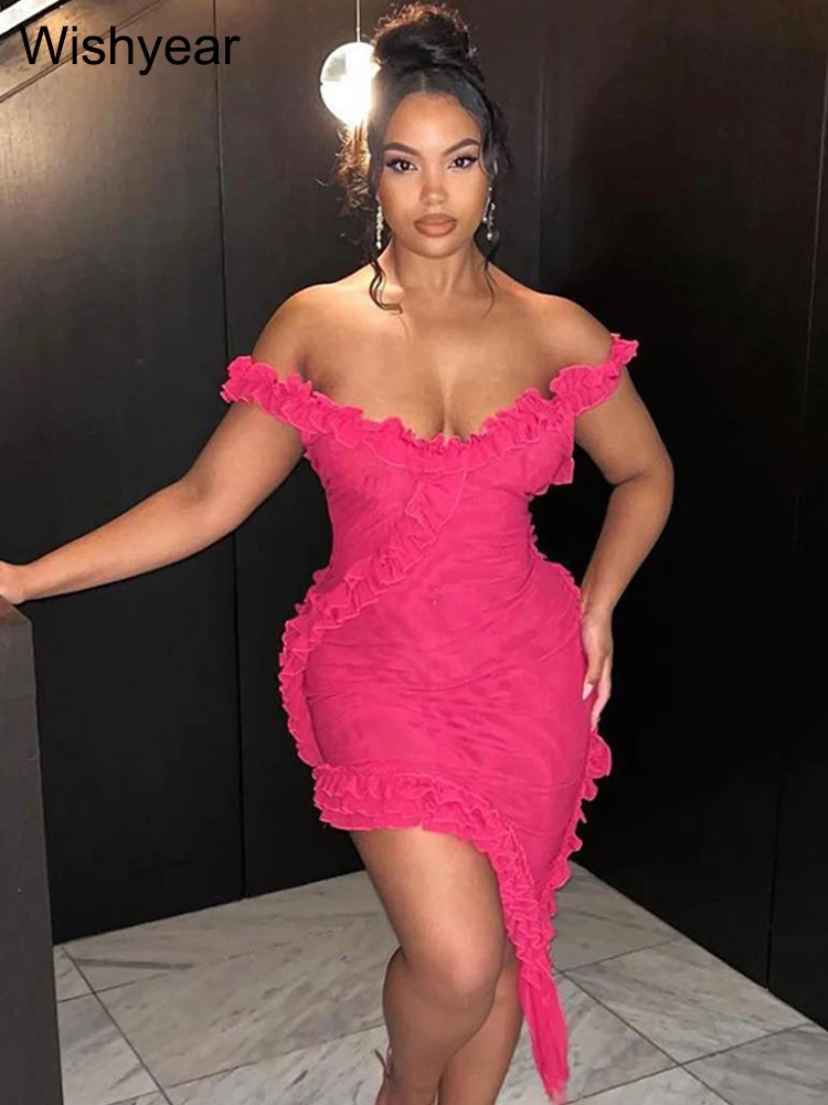 

Off Shoulder Ruffles Sheer Mesh Bodycon Dress Women For Summer Sexy V Neck Spaghetti Straps Backless Short Club Party Vestidos