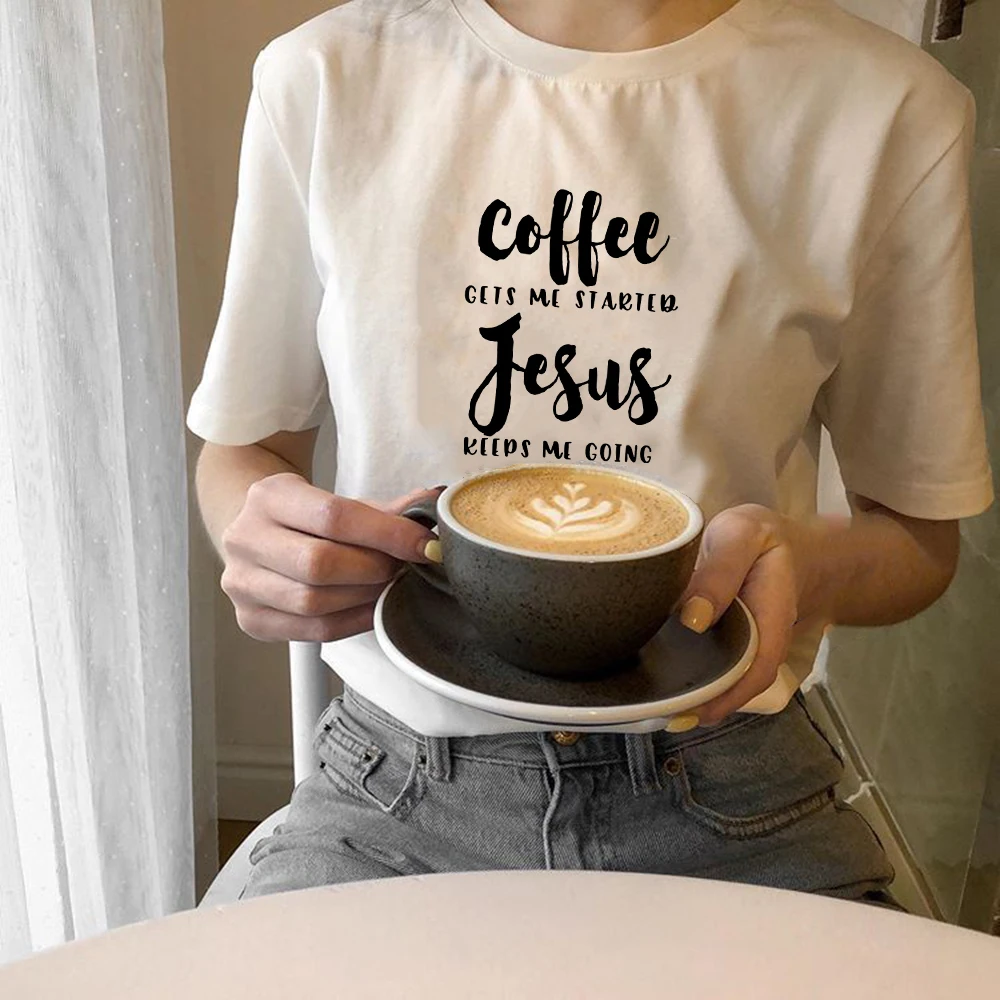 

Women Summer Christian T-Shirt Coffee Jesus Slogan Religious Clothes Female Tees Faith Bible Graphic Harajuku Tops Camisetas