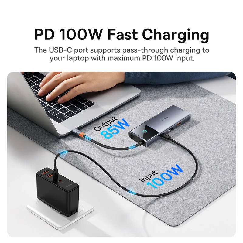 Фото Многофункциональный USB-C хаб Baseus 6-в-1 с HDMI 4K 60 Гц, быстрым USB 3.2 (10 Гбит/с), Type-C PD100W и RJ45 для ноутбуков и MacBook Pro/Air №5
