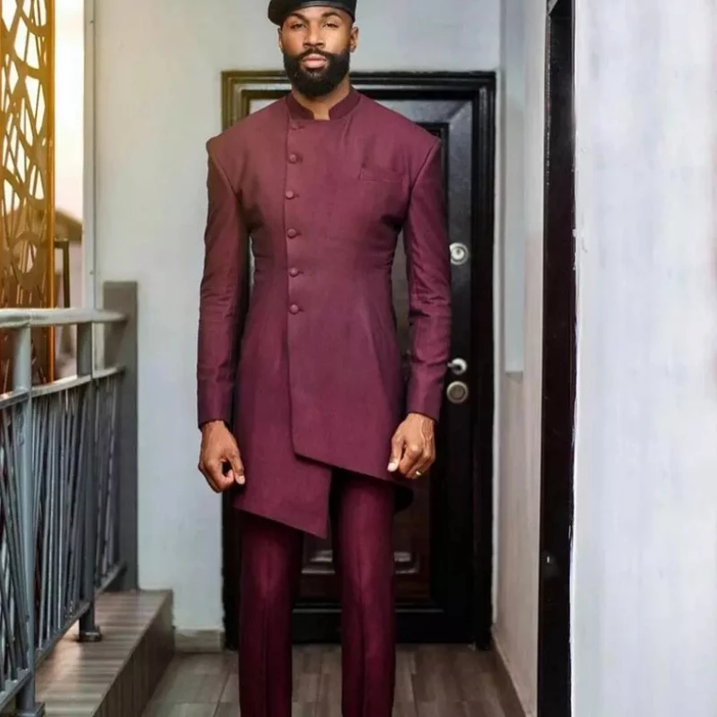 

Мужские костюмы цвета Бургунди с воротником-стойкой смокинги для жениха для свадьбы приталенный мужской модный Блейзер 2 предмета (пиджак + брюки)