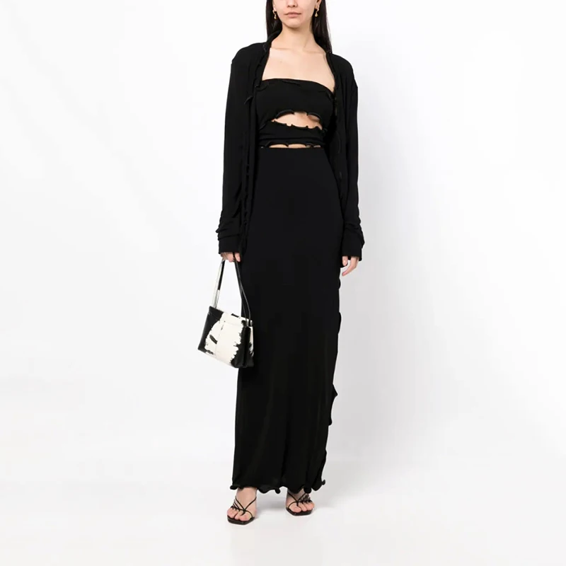 Ruffle two-piece dress temperament elegant deconstruction hollow sexy black long knit Womens dresses 2023 fall new