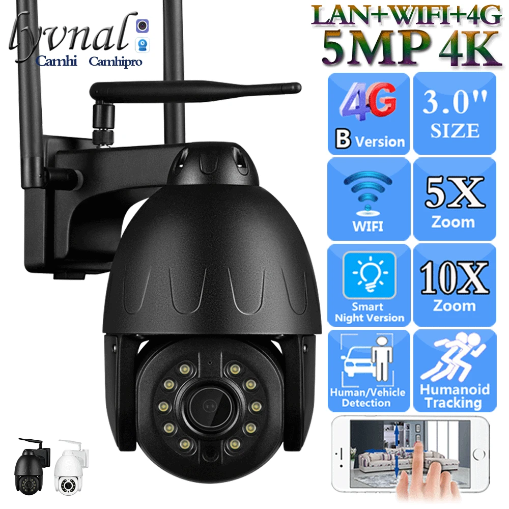 

3G 4G SIM Card 4K 8MP Wireless IP Camera Wifi PTZ Dome 5MP 5X 10X Auto Zoom Human Tracking Two Way Audio Color Night Vision