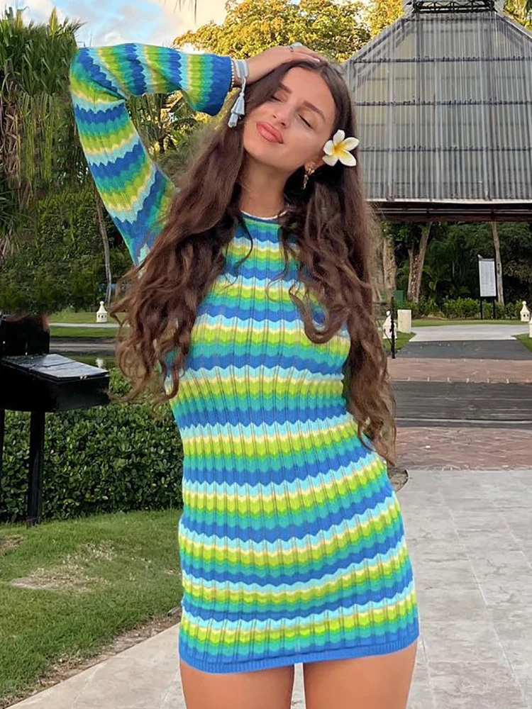 

Женское трикотажное платье в полоску, зеленое повседневное летнее праздничное привлекательное мини-платье с открытой спиной и длинным рук...